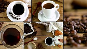 Montage collection of clips that show pouring milk in cup of coffee 