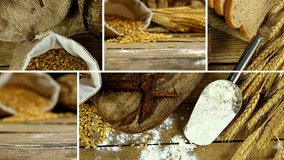 Montage collection of clips showing  sheaf of wheat ears, flour and bread on a wooden table