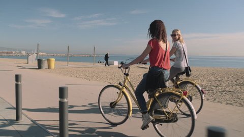 Young Adult Tourists cycling on beach in summer