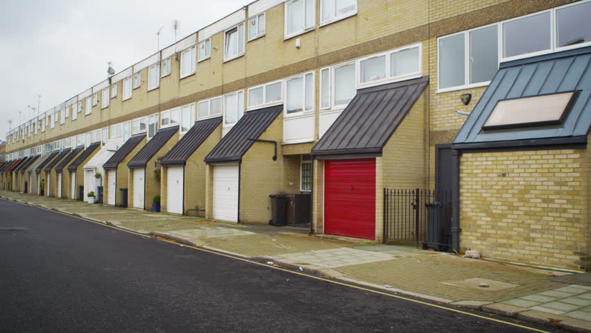 4K Exterior view of residential terraced housing in a London Suburb.