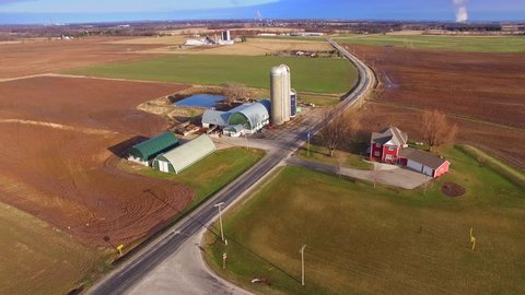 Aerial view of America’s Heartland, rural Wisconsin farms in Springtime.
