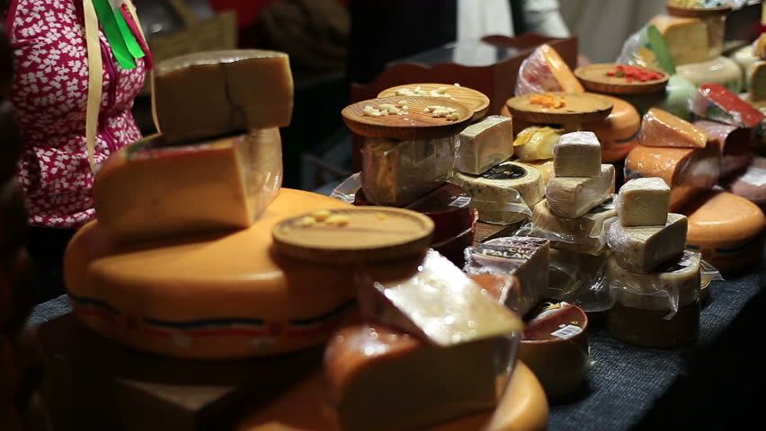 Assortment of cheese at a medieval market.