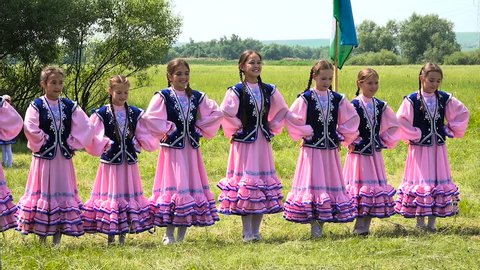 Yakchimbetovo/russia - Mar 21 2016: Russia, Bashkortostan, 15.06.2015, Rural Prazdnik.devushki Dancing National Dance