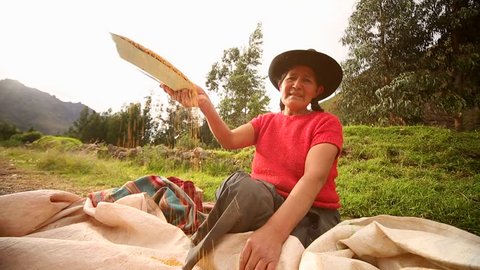 Video footage of a farmer woman in Peru that works with seeds of Quinoa. April 2014 near Cusco, Peru