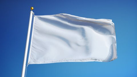Empty white clear flag waving in slow motion against blue sky, seamlessly looped, close up, isolated on alpha channel with black and white luminance matte, perfect for film, news, digital composition