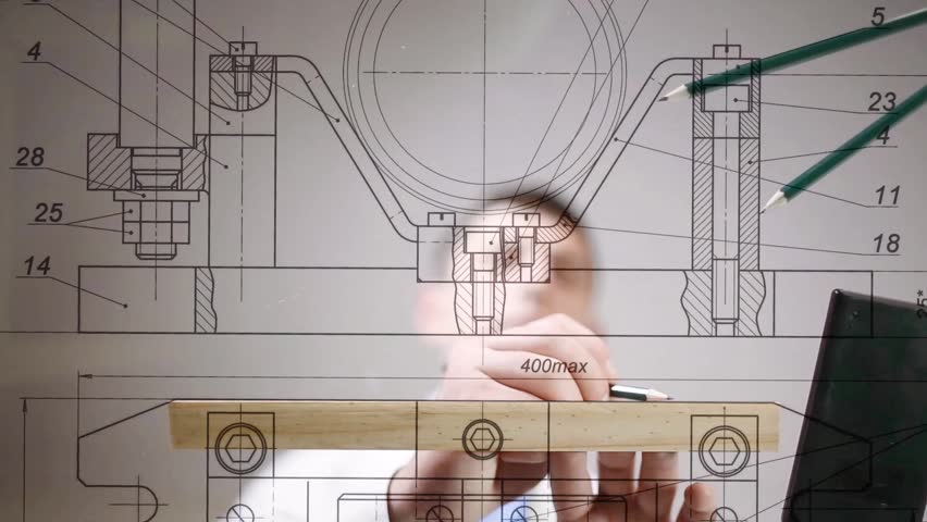 Drawings are on the desktop, hands of engineer drawing by pencil
 Royalty-Free Stock Footage #15390130