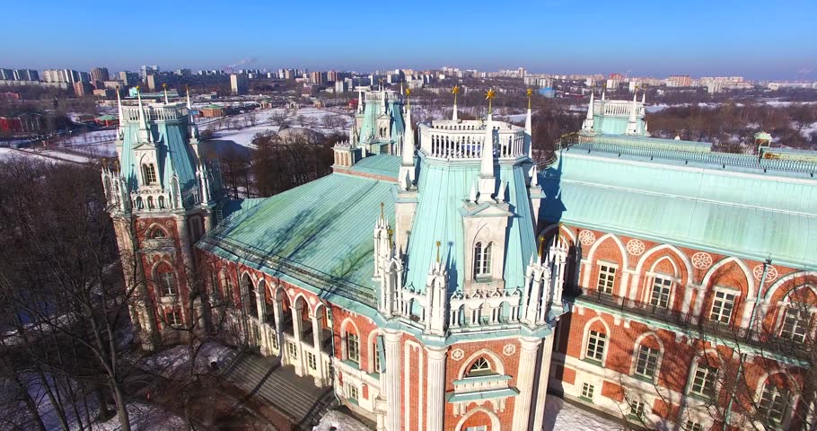 Aerial view of amazing tower of the Grand palace in Tsaritsyno, piece of architectural art. Russia, Moscow. Palace complex created as a suburb residence of the Empress Catherine II (18th century).		