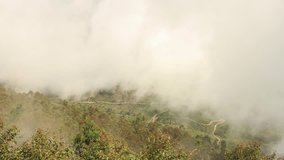 Timelapse in the heaven between the clouds. Cloudy fog moving up the hill from a valley and surrounding everything around. Sri Lanka, Asia, Nuwara Eliya, Adam's Peak