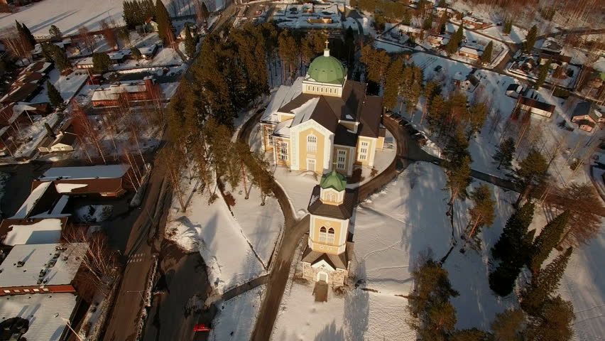 Aerial view of the large wooden church of Kerimäki, Finland.