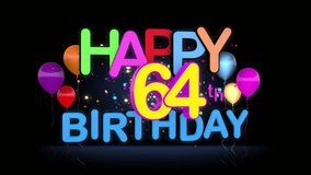 Happy 64th Birthday Title seamless looping Animation for Presentation with dark Background.