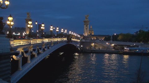PARIS, FRANCE, JULY 2015 - Seine River Night View Alexander Bridge Paris Historic Art Monument Landmark