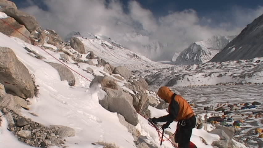 Climber climbing above Everest base camp