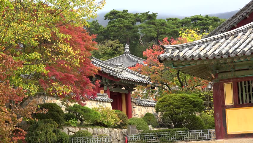 Inner courtyard of Bulguksa Temple at autumn. Gyeongju, South Korea.