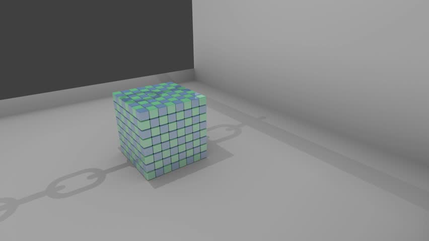 Demolition ball exploding lots of cubes with a neutral background