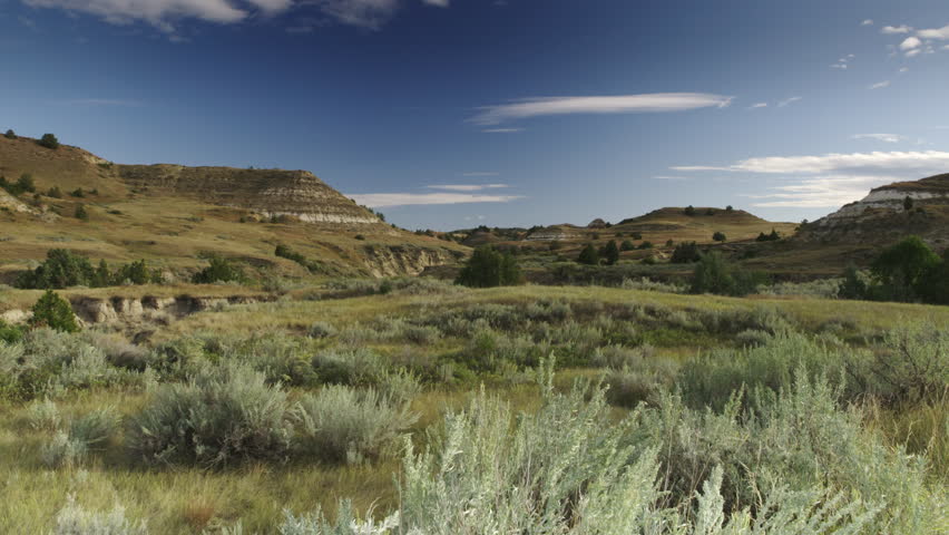 Wide shot of the Badlands, Theodore Roosevelt National Park, North Dakota.  4K.