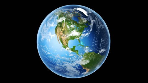 4K Realistic Earth Rotating on Black (Loop). Globe is centered in frame, with correct rotation in seamless loop. Texture map courtesy of NASA.