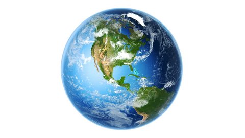 4K Realistic Earth Rotating on White (Loop). Globe is centered in frame, with correct rotation in seamless loop. Texture map courtesy of NASA.