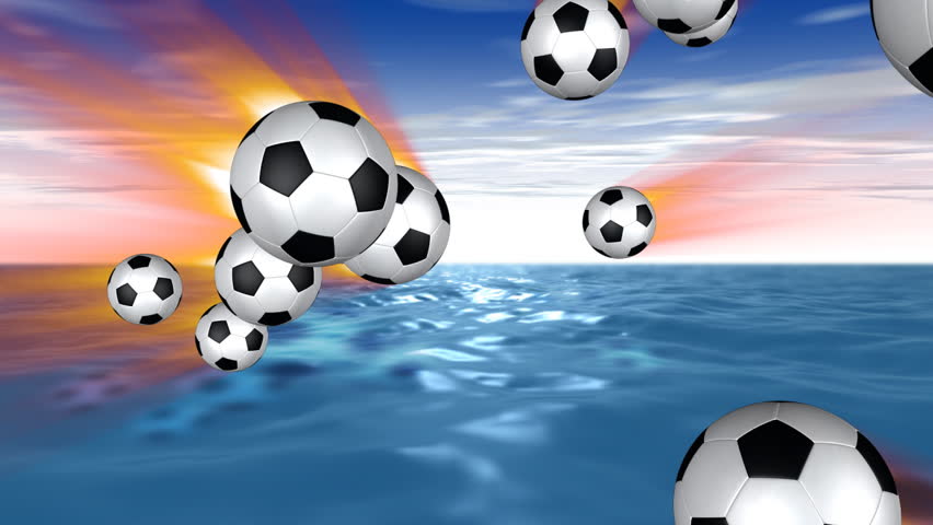 Soccer balls on fire flying towards the screen with seascape on background