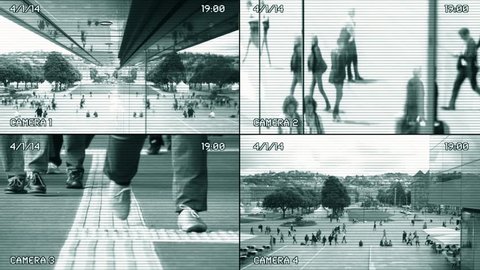 split screen surveillance camera background. cctv security monitoring. people walking in the city street 