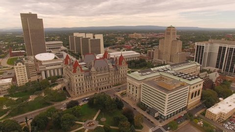 Albany Aerial v11 Flying over downtown State Capital buildings panning down.