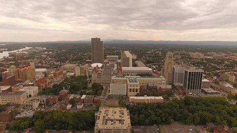 Albany Aerial v8 Flying over downtown State Capital buildings.