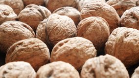 Hard shell walnut fruit pieces arranged on the table slow tilt 4K 2160p 30fps UltraHD video - Raw food background of seed of drupaceous nut 4K 3840X2160 UHD tilting  footage