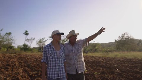 Farming and cultivations in Latin America. Hispanic farmer walking with his son in a cultivated field at sunset. The man embraces the teenager and plan the job to be done. Steadicam shot

