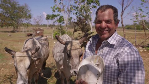 Farming and cultivations in Latin America. Portrait of middle aged hispanic farmer standing proud with plough and ox in background. He looks at the camera and smiles happy. Steadicam shot
