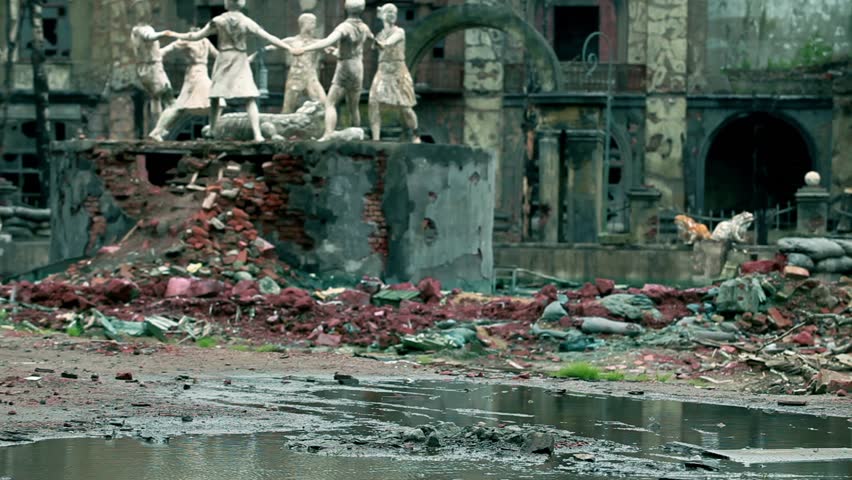 Dancing in the ghost town ruined city after the war