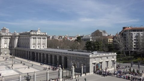 MADRID - SPAIN, MARS 30, 2015, 4K Aerial view of tourist people visit Royal Palace, official residence by day