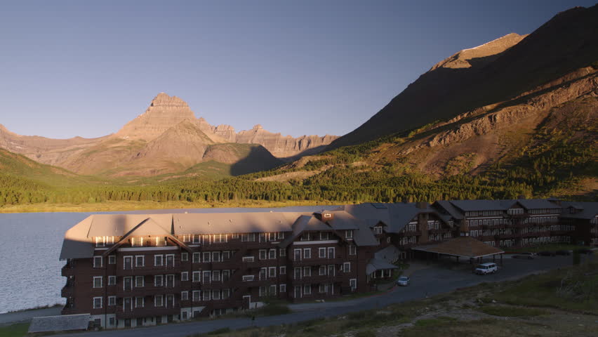 Historic Many Glaciers resort hotel inn in Glacier National Park, Montana.  4K.