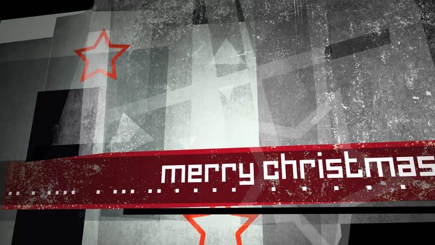 Computer generated, grunge textured animation of a Merry Christmas title frame.