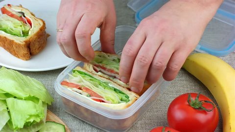 Woman made sandwiches and putting them into the lunch box