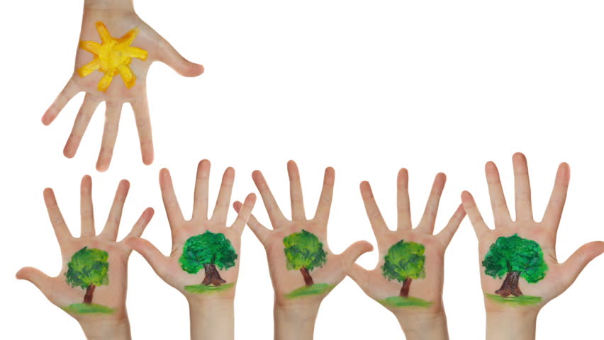 Abstract park, tree line made of painted symbols on children hands. Raised up hands. 