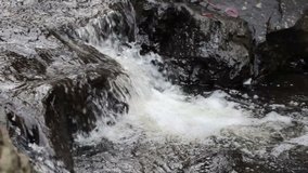Stones and pure water from the stream ; Clear mountain river flowing through rocky canyon and a real beautiful waterfalls,video clip