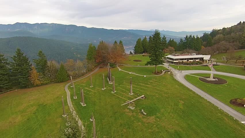 Aerial video of Burnaby Mountain Park in Burnaby BC near Vancouver Canada
