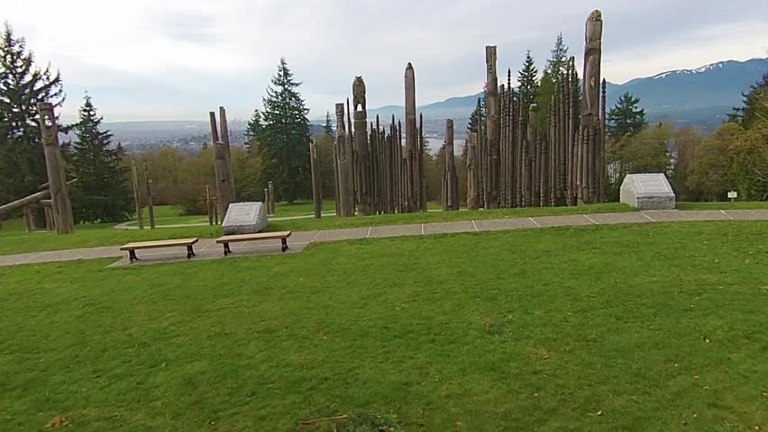 Aerial video of Burnaby Mountain Park in Burnaby BC near Vancouver Canada
