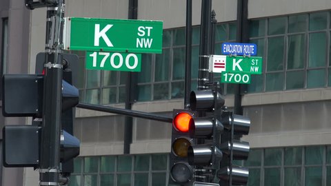 WASHINGTON, DC - MARCH 2016: K Street signs at Farragut Square, indicating legendary home to lobbyists and politics, although is now now mostly symbolic.