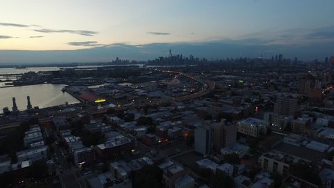 An aerial video of Brooklyn and Manhattan, New York City, 4K UHD at Sunset
