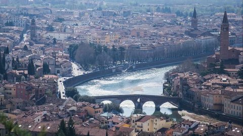 aerial view of Ponte pietra in Verona, Italy in timelapse