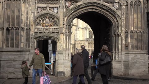 CANTERBURY, ENGLAND - MAR 2016: Canterbury England entrance to historic Cathedral. Historic English cathedral city and UNESCO World Heritage Site. tourist destination. Canterbury Tales written here.