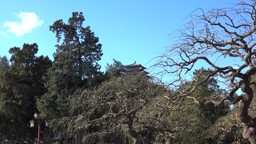 Three-story pavilion on the top of one of the peaks at  Jingshan Park. Beijing, China