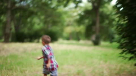 Little Boy with plaid shirt and ball in his hand chasing his running puppy dog in park.