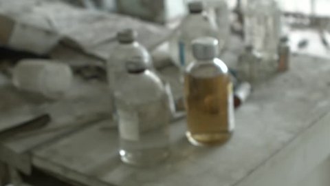 Bottles of medicine in the abandoned clinic in Pripyat. The consequences of the accident at the Chernobyl nuclear power plant.