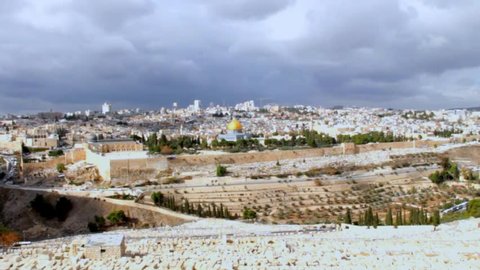 Old city of Jerusalem landscape with Al-Aqsa Mosque and Dome of the Rock as viewed from Olives Mount. Jerusalem. Israel
