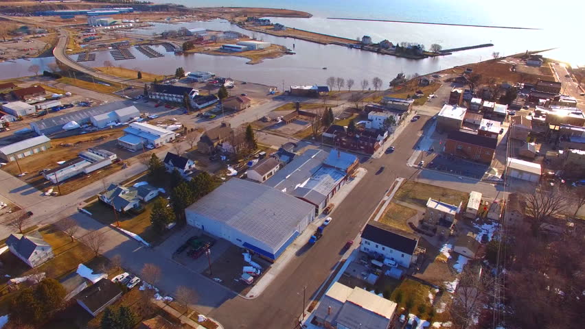 Scenic harbor town, Kewaunee Wisconsin at Sunrise. Vast harbor with industrial and residential peninsulas, marinas.