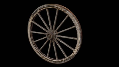 Old Weathered Worn Wooden Wagon Wheel Side View Spinning with Alpha Channel