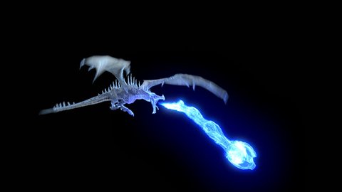Animated realistic Ice Dragon flying and breathing blue flame. High Quality Seamless loop with alpha channel.