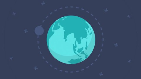 Flat design spinning Earth with communication network and satellites. This animation is a seamless loop. Animation of planet Earth. Flat style, flying around the moon, the planet revolves, rotates