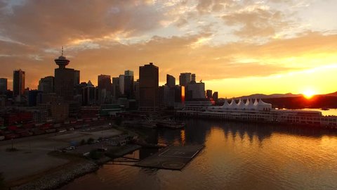 Beautiful sunset aerial drone shot of downtown Vancouver.